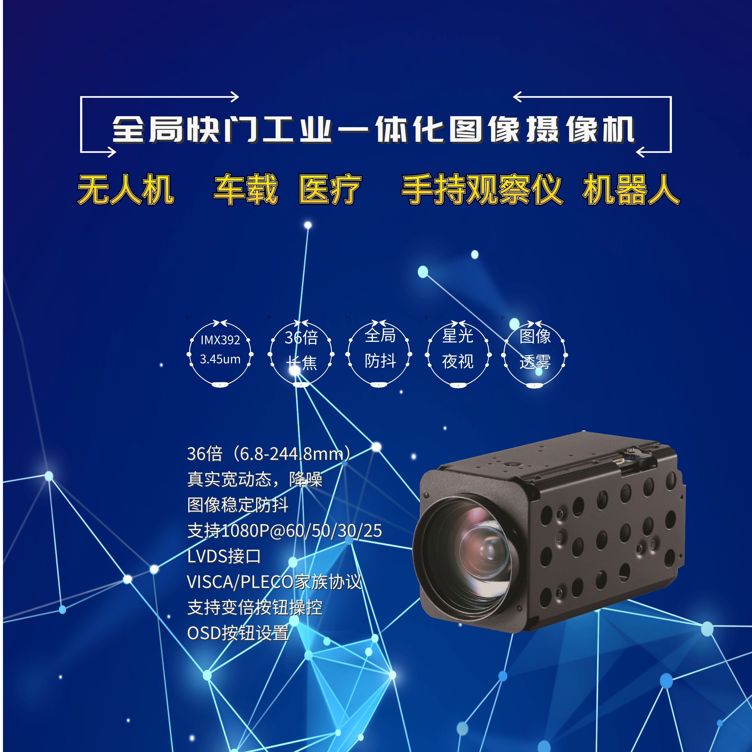 36倍全局快门IMX392军工工业高清机芯LVDS/SDI图像防抖透雾VISCA协议